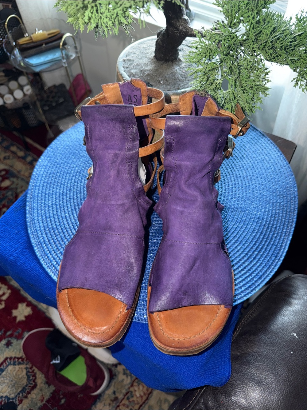 A.S.98 Purple Leather Open-Toe Ankle Strap Sandals with Brown Soles - Picture 2 of 5